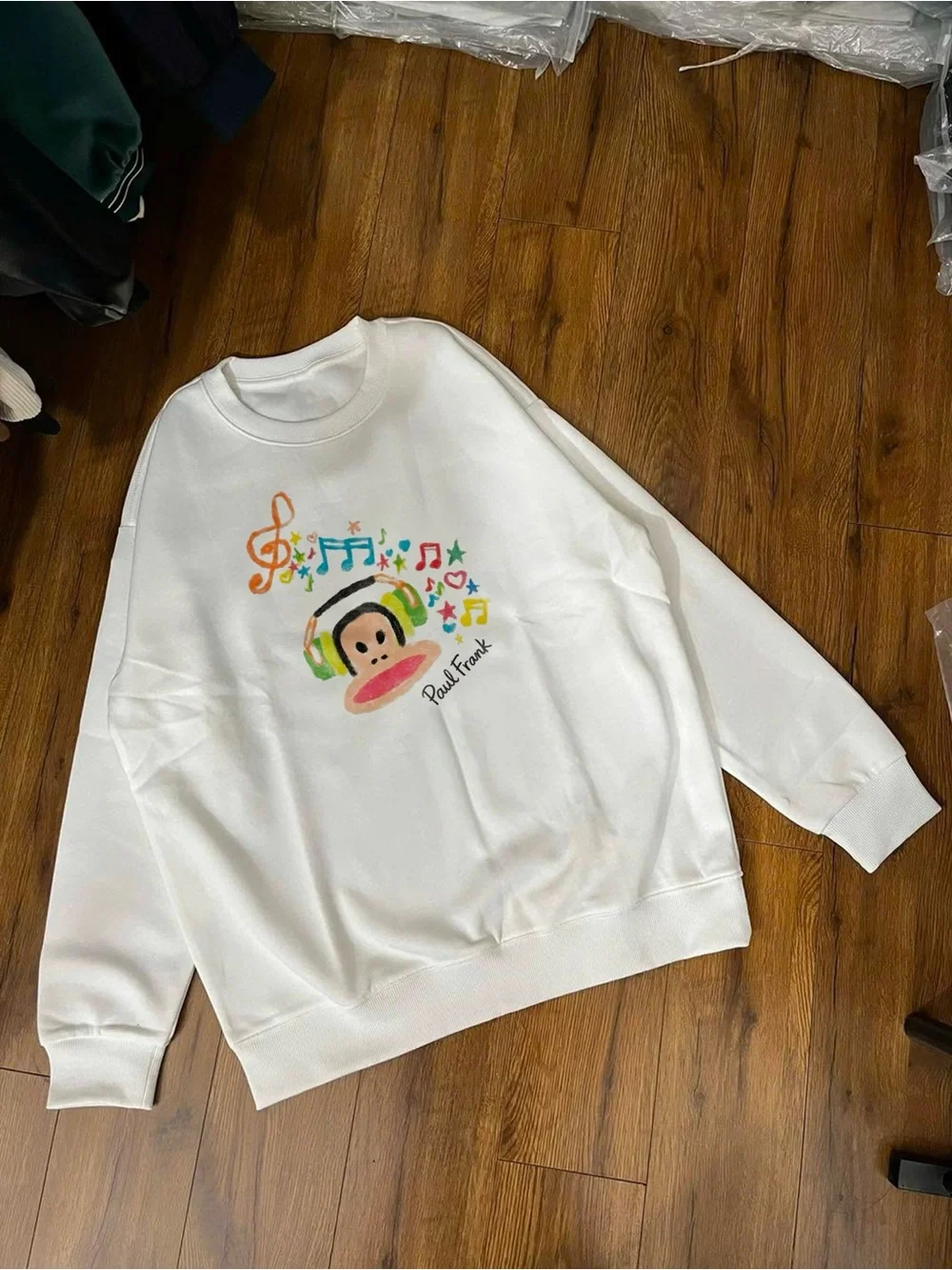 Gildan White Crewneck Sweatshirt with Colorful Musical Monkey Graphic